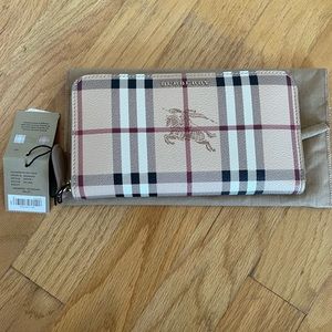 Burberry Haymarket Check Zip Around Wallet in Camel